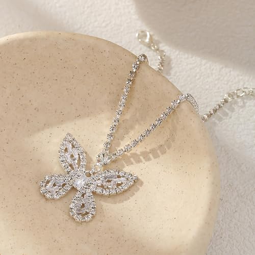 Kokoma Dangle Butterfly Rhinestone Anklet for Women, Shiny Cubic Zirconia Dangling Charm Ankle Bracelet Adjustable Chain Foot Jewelry for Summer Beach