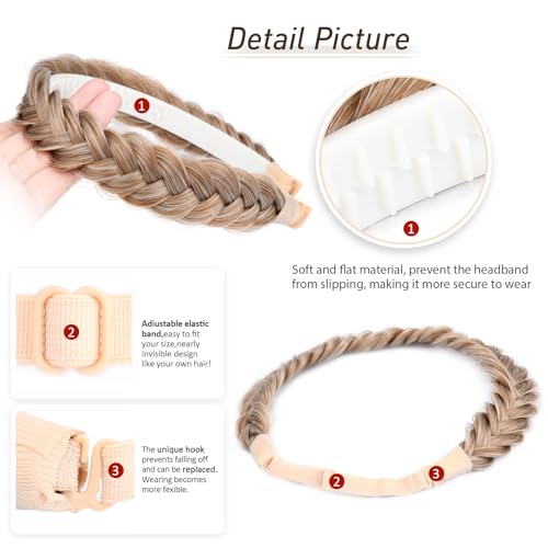 2PCs Braided Headband with teeth Handmade Messy Wide Synthetic Hair Elastic Stretch Fluffy Hairpiece for Brides (Sandy Blonde) - color: Sandy Blonde