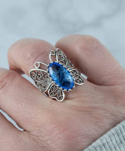 Filigranist Sterling Silver Filigree Art Butterfly Women Cocktail Ring with Gemstones - color: Blue Quartz