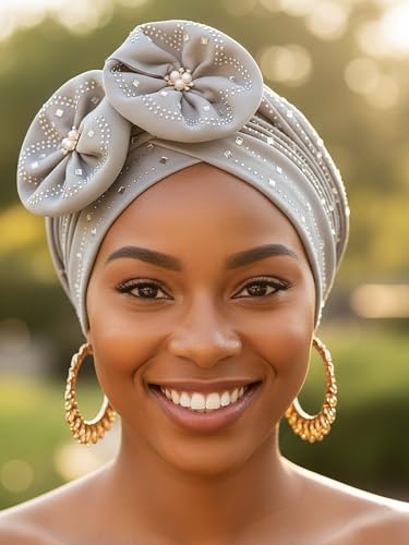 Woeoe Beanie Cap Head Wrap Black Rhinestones Head Scarf Flower Pearls Twisted Head Turban for Women Girls - color: Grey