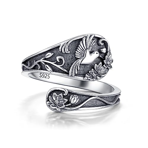 Spoon Ring Sterling Silver Hummingbird Ring Vintage Antique Spoon Rings Adjustable Thumb Rings for Women - color: vintage
