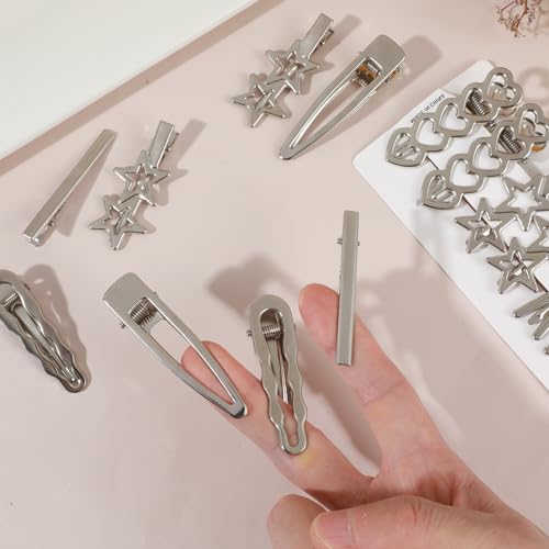 Ymapinc Silver Star Hair Clips, 16pcs Y2K Heart Hair Barrettes, Hair Accessories for Women Girls, 2000s Style Non-Slip Silver Metal Clips