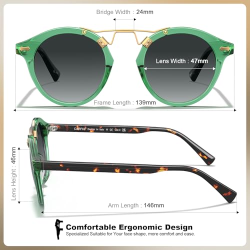 CARFIA Double Bridge Small Acetate Sunglasses for Women Polarized, Retro Metal Brow Ladies Sunnies Fashion Round Eyewears - color: 6. Translucent Green Frame Gradient Grey Lens
