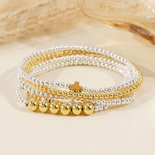 Silver Gold Beaded Bracelets for Women Stackable 14K Gold Plated Beads Ball Cross Bracelet Stack Non Tarnish Elastic Stretch Trendy Jewelry Christian Friendship Christmas Gifts for Women - color: 5pcs-Gold Cross