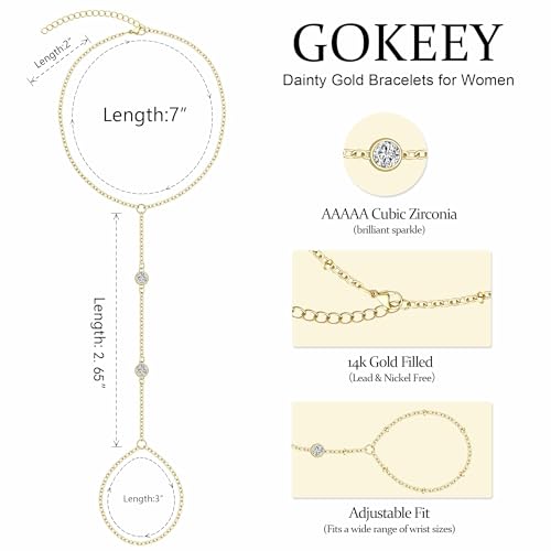 Gokeey Dainty Gold Ring Hand Chain Cubic Zirconia Bracelet Trendy 14K Gold Plated Hand Chains Bracelet for Women Simple Body Jewelry Set Trendy Birthday Gift - color: Gold