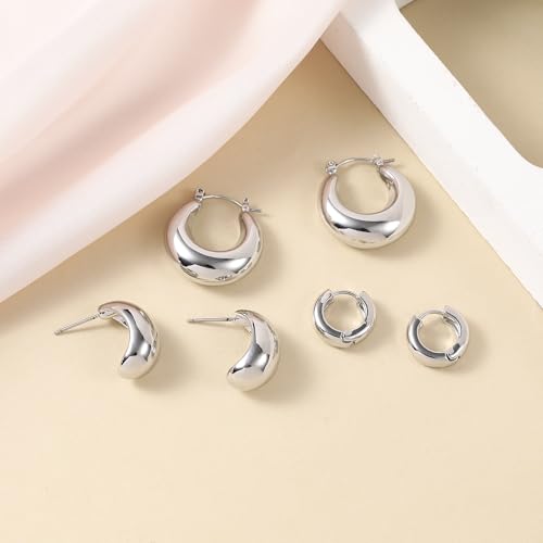 HILXURY Gold Chunky Hoop Earrings Set for Women, 14K Gold Plated Twisted Huggie Hoop Earring Hypoallergenic, Thick Open Hoops Set Lightweight - color: 3 silver hoops chunky