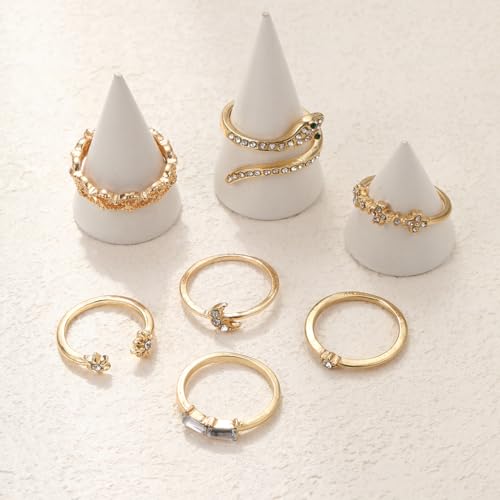 INENIMARTJ Boho Rings for Women Teen Girls,Gold Stacking Rings Set Vintage Knuckle Stackable Moon Star Snake Butterfly Heart Flower Leaf Top Finger Rings - color: I