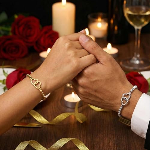Matching Bracelets for Couple,Gold Silver Beaded Heart Couples Bracelets,Raomantic Relationship Promise Jewelry Gifts for Her - color: Double Heart