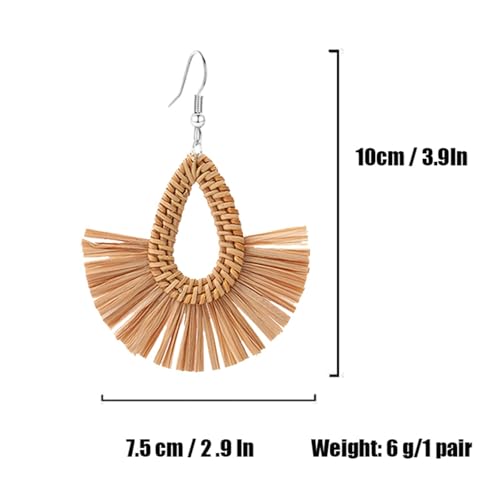 Boho Summer Beach Earrings for Women Lightweight Straw Wicker Earring Statement Raffia Fan Round Tassel Dangle Drop Earrings Hawaii Jewelry - style: Brown Teardrop