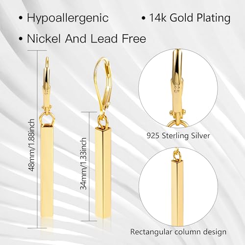 Silver Bar Dangle Drop Earrings for Women, 14K Gold French Style Leverback Dangle Drop Earrings, Hypoallergenic Jewelry - color: 14K Gold