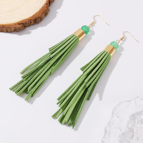 Coiris Boho Leather Layered Tassel Earrings for Women Lightweight Leather Fringe Dangle Earrings Handmade Bohemian Summer Beach Western Drop Earrings for Women - color: Green