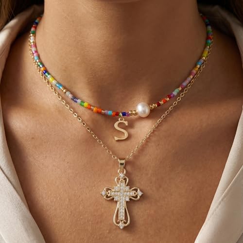 Colorful Pearl Beaded Initial Choker Necklaces for Women, Boho Handmade Personalized Seed Beads Letter Name Necklace Beach Surfer Bohemian Jewelry Gift - color: Cross S