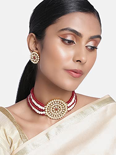 Aheli Pearl Diamond Choker Necklace & Round Earrings Gift for Women Indian Traditional Bollywood Fashion Bharatanatyam jewellery set - color: Maroon & White