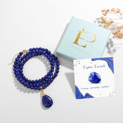 Healing Crystal Necklaces for Women Trendy Natural Stone Beaded Long Pendant Necklaces for Womens Handmade Bohemian Fashion Necklace Jewelry Gift - color: Lapis Lazuli
