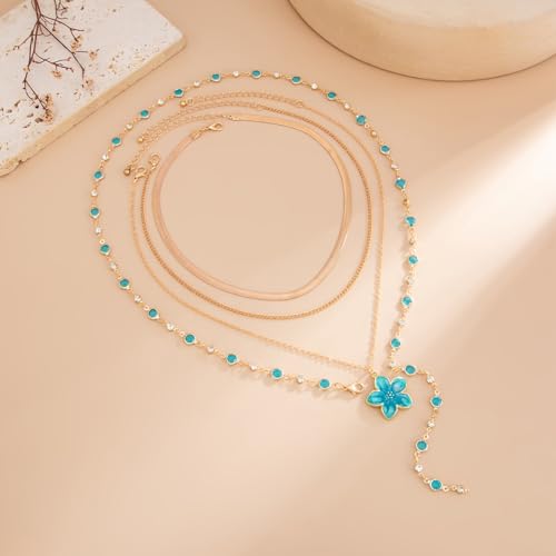 Gold Flower Y Chain Necklace for Women Layered Flower Pendant Choker Long Rhinestone Chain Necklace Party Prom Jewelry - color: Blue