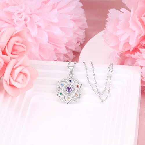 Lotus Necklace 925 Sterling Silver Chakra Flower Pendant Necklace 7 Colorful Rainbow Yoga Lotus Jewelry for Women Wife Mother's Day Birthday Valentines Gifts