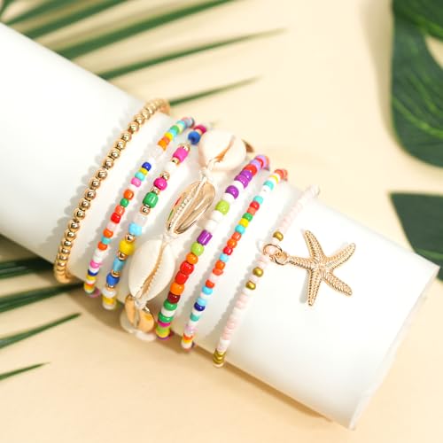 Beach Bracelets for Women Bohemian Stackable Heishi Surfer Bracelet Set Elastic Seashell Starfish Boho Friendship Bracelets for Summer Beach Party Holiday Vacation Jewelry - color: 7PCS-Colorful
