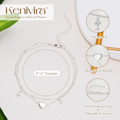 Kenivira Sterling Silver Ankle Bracelets for Women Dainty Non Tarnish Gold Layered CZ Heart Charm Anklets for Women Waterproof Adjustable Chain Anklet Cute Summer Beach Jewelry Gift - color: silver cz heart