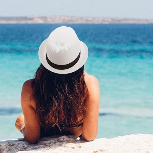 DRESHOW Women Straw Sun Hat Short Brim Panama Travel Fedora Summer Hat Roll Up Beach Cap for Women UPF 50+ - color: 1 Pc Ribbon Straw Hat: White