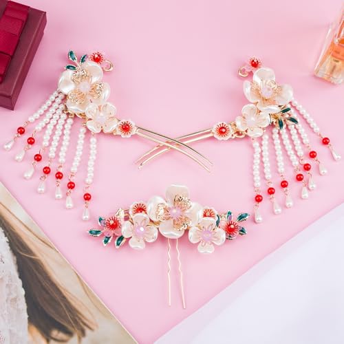HINZIC Camellia Flower Tassels Hairpin Set for Women, Non-Slip Rhinestone Pearl Clover Hair Clips Headpiece, Retro Chinese Hanfu Wedding Brides Hair Accessories for Long Hair - color: White