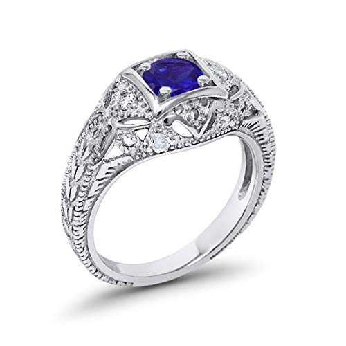 Blue Apple Co. Art Deco Ring Round Cubic Zirconia Leaf Filigree Design Split Shank Twisted Band Bridal Statement Wedding Engagement Rings For Women 925 Sterling Silver Gifts For Her - color: Simulated Blue Sapphire