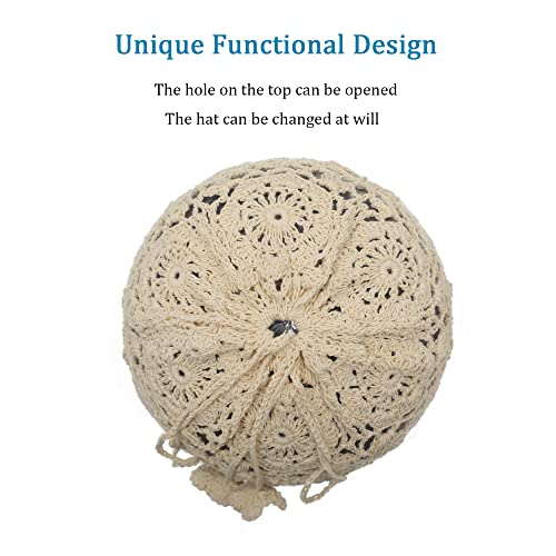 ZLYC Women Cotton Crochet Slouchy Beanie Hat Handmade Knit Summer Skull Cap - color: Beige Ponytail