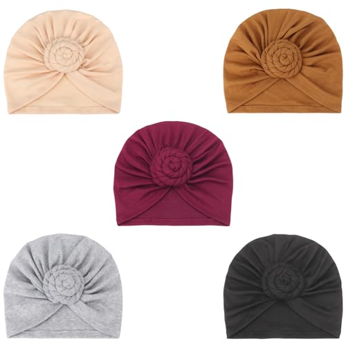 DRESHOW 5 Pack Knotted Headwraps for Women African Turban Pre-Knotted Beanie Headwraps Hair Covers - color: 5 Pcs Donut Flower: Red, Beige, Black, Brown, Light Gray