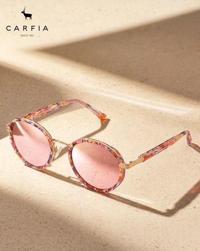 CARFIA Retro Round Sunglasses for Women Polarized UV Protection, Durable Acetate-Metal Frame Designer Eyewear CA1951 - color: 3. Flower Tortoiseshell Frame + Pink Mirrored Lens
