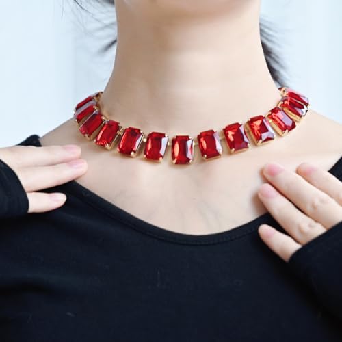 Fashionable Chunky Plated Tennis Rhinestone Statement Necklace Jewelry Set for Women Multicolor gem necklace with Great Sparkle and Shine Design for Women to Easy Match - color: red square rhinestone