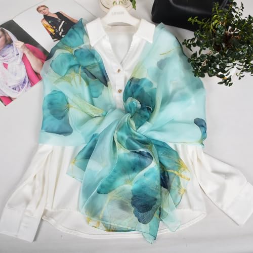 100% Mulberry Silk Women's Neck Silk Scarf-Lightweight Shawl,FLoral Print Beach Silk Wrap-Scarves for Photography - color: Blue Ginkgo Leaf