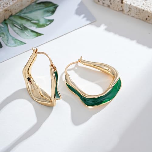 Chunky Hoop Earrings for Women Thick Minimalist Geometric Huggie Hoop Earrings Dainty Thick Y2K Preppy Earrings - style: irregular wave green