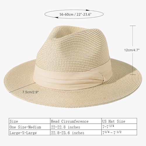 Lanzom Women Wide Brim Straw Panama Roll up Hat Fedora Beach Sun Hat UPF50+ - color: Beige/Khaki, size: One Size-Small