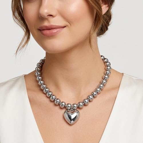 WOWORAMA Chunky Heart Necklaces for Women Colorful Resin Beaded Choker Necklace Gold Puffy Heart Statement Necklace Trendy Acrylic Choker Jewelry - color: CCB-Silver