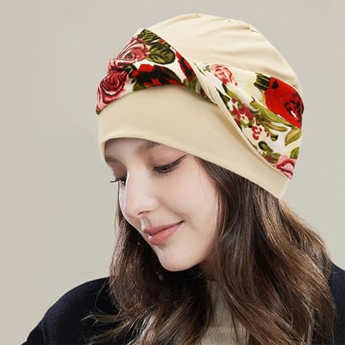 Women Knot Slouchy Beanie Chemo Hat Twist Stretch Cancer Head Wraps Sleep Head Scarf - color: Beige Flowers