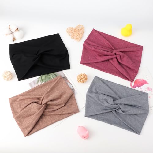 AQOKKA Extra Wide Headbands for Women Large Turban Headband Non Slip Boho Elastic Hairband Hair Twisted Knot Head Bands Accessories - color: 4 Pcs E: Black, Red, Coffee, Grey