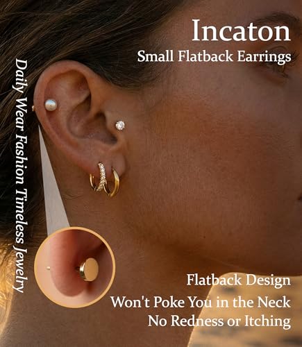 Incaton Hypoallergenic Flat Back Earrings for Women Silver 14K Gold Plated Surgical Stainless Steel Stud Earrings Cubic Zirconia Cartilage Studs Earrings For Multiple Piercing Sensitive Ears - color: E-Gold