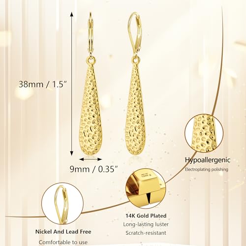 Silver Long Teardrop Dangle Earrings for Women, 14K Gold Plated Hypoallergenic Drop Leverback Earrings, Trendy Long Teardrop Dangle Earings for Jewelry Gifts - color: C-14K Gold