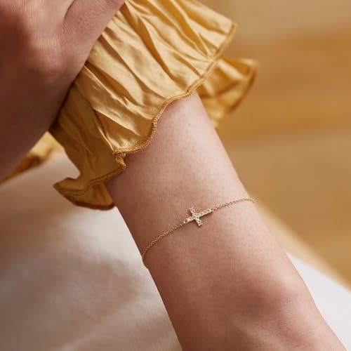 Tewiky Waterproof Gold Bracelets for Women Non Tarnish - Dainty Stack 14K Gold Plated/Sterling Silver Chain Bracelets Set Adjustable Trendy Jewelry for Women - style: gold CZ cross bracelet