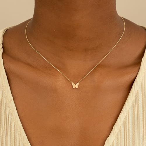 VRIUA Gold Necklace for Women - 14K Gold Plated Dainty Italian Horn Star of David Butterfly Bow Sun Lotus Volleyball Baseball Cowboy Boots Necklace Jewelry Everyday for Women - style: Butterfly