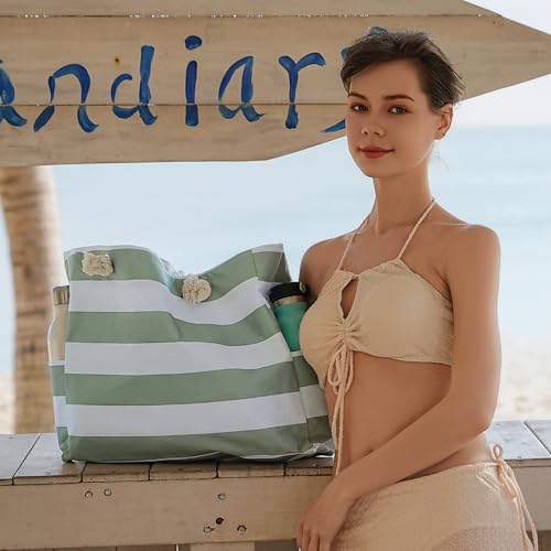 Clothirily Beach Bag for Women - Large Beach Tote Bag, Waterproof Sandproof Beach Bag with Zipper, Large Swim Pool Beach Tote - color: Green