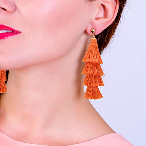 BaubleStar Tassel Earrings Handmade Tiered Thread Tassel Dangle Earrings, Multi Colors - color: Russet Orange