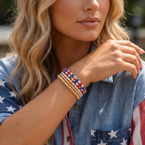 14K Gold Plated Beaded Bracelets Stack Set for Women,Stretch Boho Colorful Beads Ball Jewelry Friendship Summer Trendy - color: 4th of july