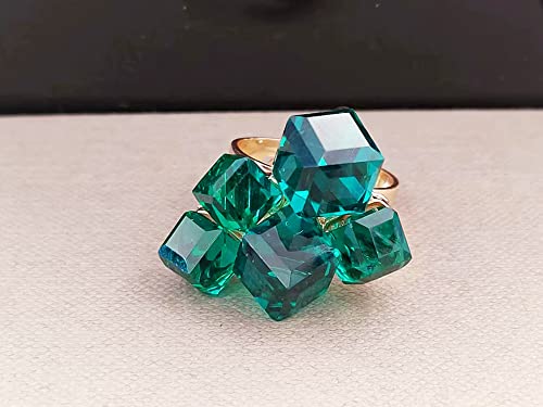 Hebelee Boho Square Crystal Statement Ring for Women Gold-Toned Adjustable Expandable Promise Engagement Geometric Rings Comfort Fit Elegant Art Deco Birthday Christmas Cocktail Party Y2K Jewelry - color: Green