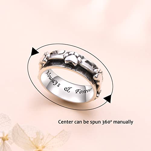 Ladytree Spinner Fidget Ring Sterling Silver Thumb Band for Women Anxiety Ring Platinum Plated Worry Stress Relief Just Breathe Boredom ADHD Autism Rings Boho Jewelry Gift - color: K-wide band oxidized pet paw