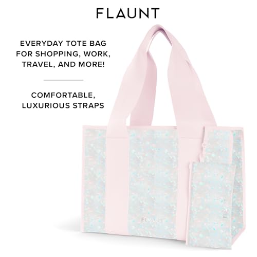 FLAUNT Everyday Tote Bag with Phone Pouch for Women - Lightweight, Airline Approved, Easy To Carry, Foldable & Washable - color: Pink Opal Shell