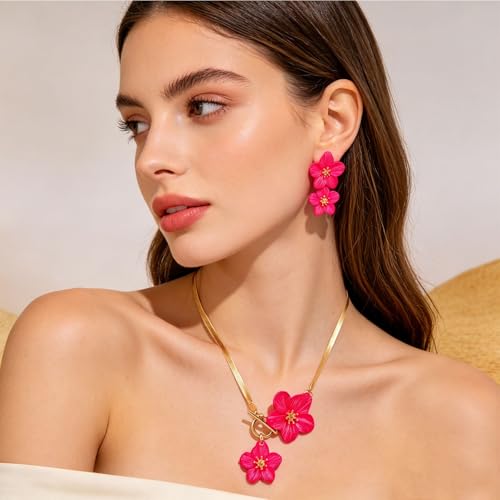 WCRAZYE Gold Flower Earrings Necklace Set for Women Boho Summer Daisy Floral Statement Earrings Brides Wedding Guest Dresses Jewelry - color: Rose Red