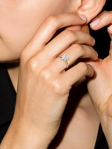Bestyle 925 Sterling Silver Butterfly Ring Hypoallergnic Adjustable Birthstone Rings for Women Butterfly Jewelry Gifts for Anniversary Mothers' Day Birthday - color: 11.November (Citrine)