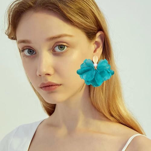 Handmade Fabric Flower Petal Fringe Dangle Drop Earrings Bohemian Floral Tassel Stud Earrings For Women - color: Blue Green