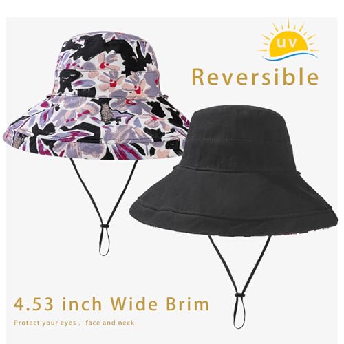 vidsel Womens Sun Hats Wide Brim Reversible Bucket Cotton Hat Packable Summer Travel Cap with Hat Clip,UV Protection - color: Black, size: Medium