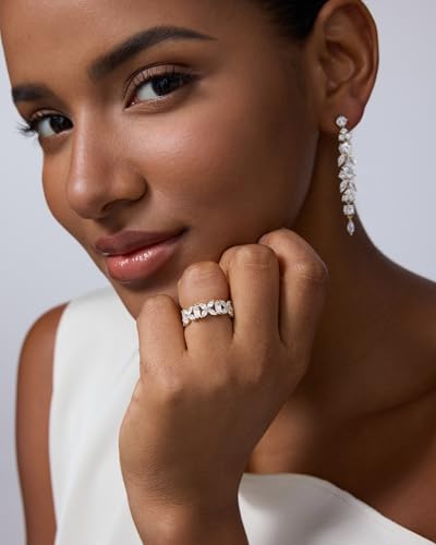 PAVOI 14K Gold Plated Marquise Eternity Rings for Women - Cubic Zirconia Chunky Stackable Wedding Ring - Statement Baguette CZ Gold Wedding Bands for Women - Promise Band Bridal Jewelry - color: White Gold